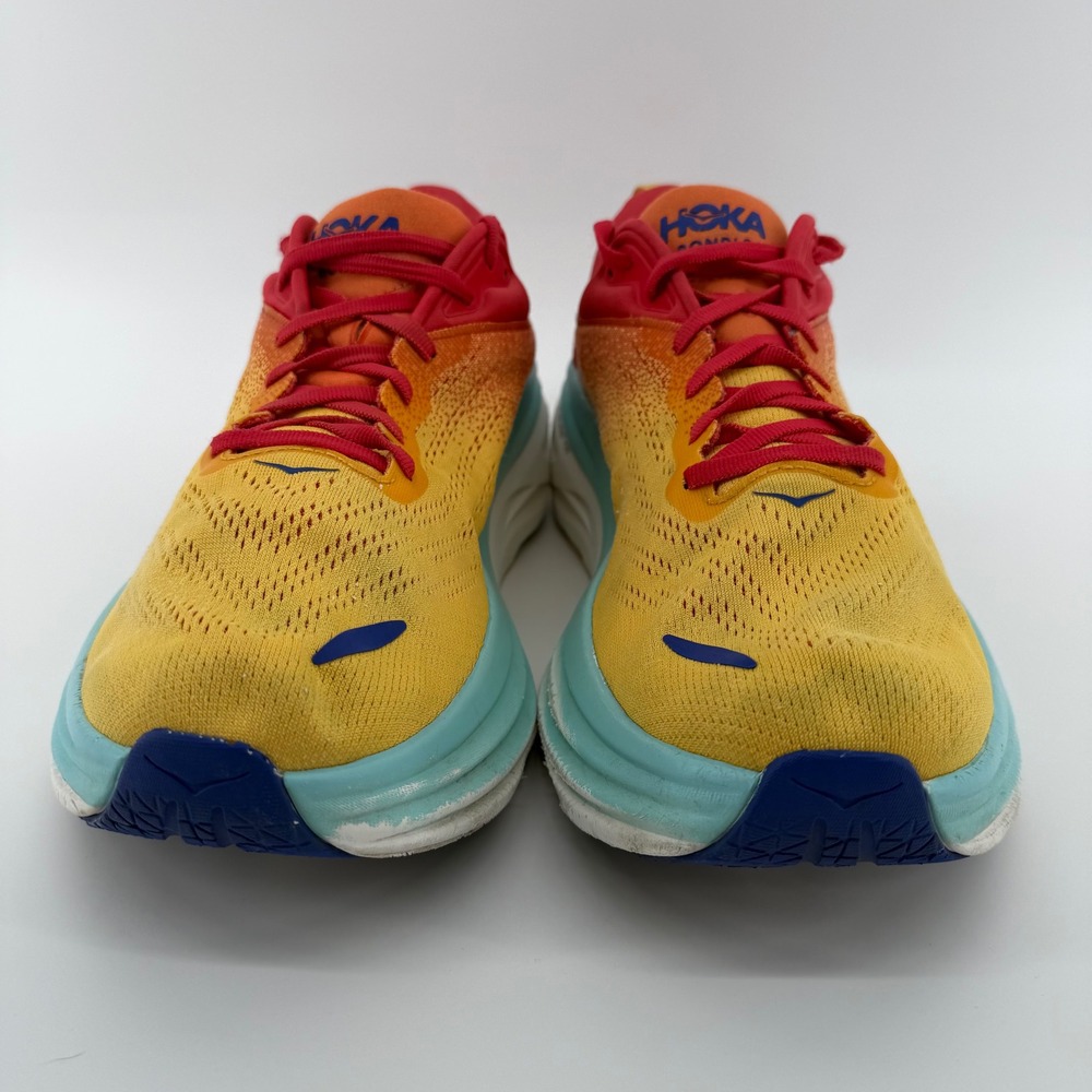 Hoka Bondi 8 Running Shoes Mens 12 2E Yellow Red Blue Wide 1127953 CRSCL - Picture 2 of 7